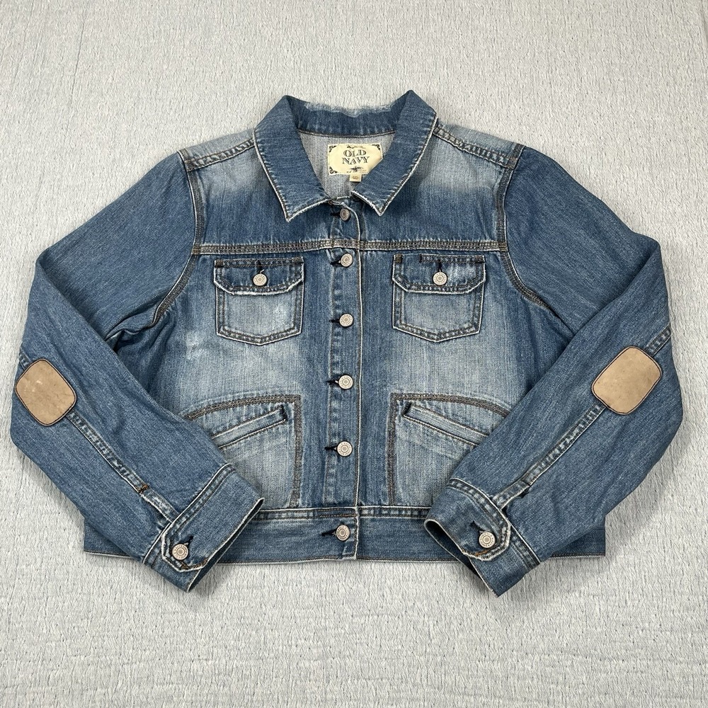 Old Navy Denim Jean Jacket Women Size XXL Y2K Vibe 2006 Collection Leather Elbow